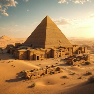 The primary subject of the image is a large, ancient Egyptian pyramid. The setting is a desert landscape, with the pyramid standing out as the main object in the scene. The visual style is a photo, capturing the details and textures of the pyramid and its surroundings. The colors and mood of the image are dominated by the warm tones of the desert and the earthy hues of the pyramid, creating a sense of history and timelessness.